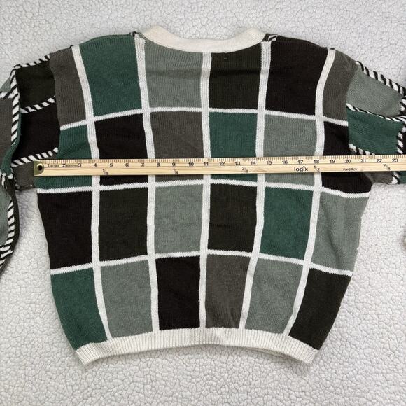 Vtg Knit Cardigan Sweater Sz M Green Check Cottage Grandma 90s Mixed Print - Picture 8 of 9